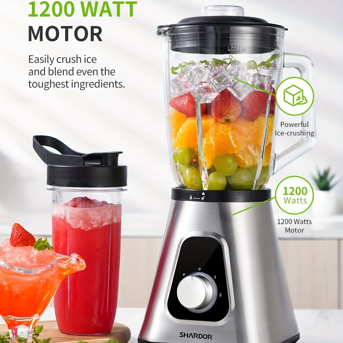 Blender 1200W Professional Countertop Blender for Kitchen with 7.67in/19.48cm Pitcher and Personal 4.8in/12.19cm Cup, Ice Crushing, 2-Speed Control, for Smoothies, Shakes and Frozen Drinks