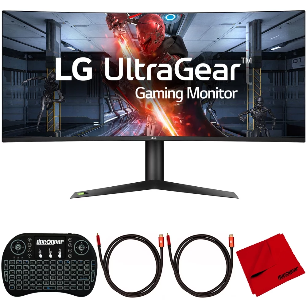 LG 38GL950G-B 38-inch Curved WQHD+ 3840 x 1600 Nano IPS Display Gaming Monitor Bundle with Deco Gear 2.4GHz Wireless Backlit Keyboard Smart Remote, 2x HDMI Cable and Microfiber Cleaning Cloth
