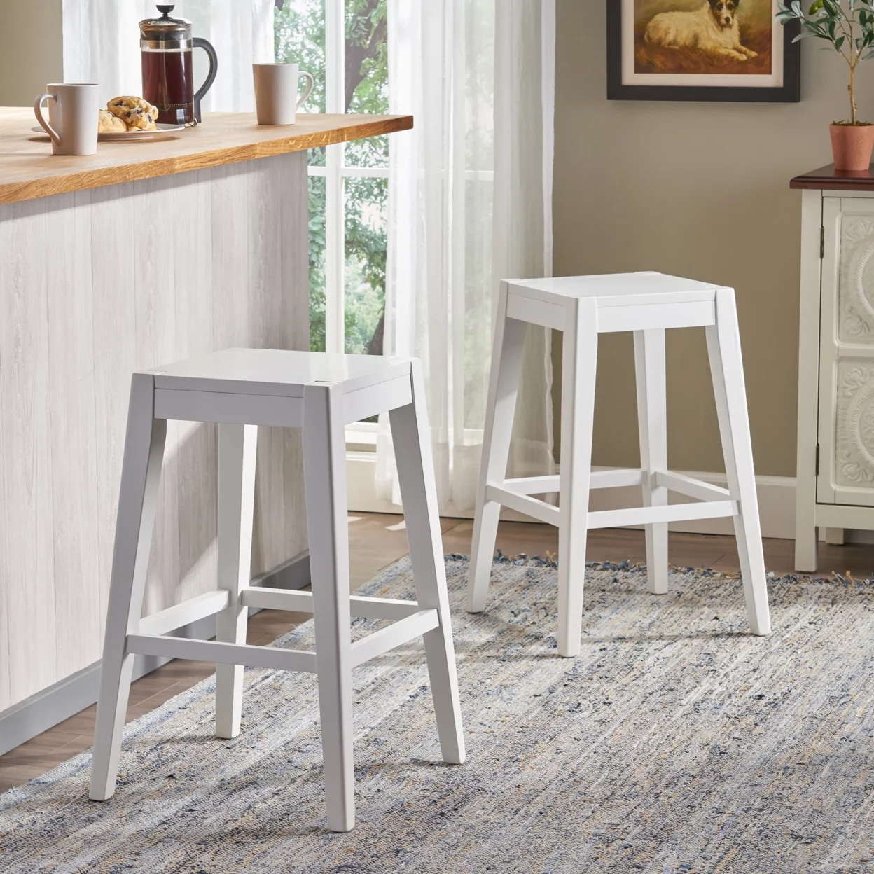 GDF Studio Carondelet Farmhouse Wooden 26 Inch Backless Counter Stools, Set of 2, White