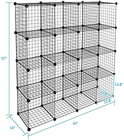 TJCGDTY 16-Cube Metal Wire Cube  with 1 Wooden hammer Stackable  Bins  Modular Bookcase  DIY Closet Cabinet Ideal  Room Bedroom  Home  Office 47''L x 14''W x 57''H