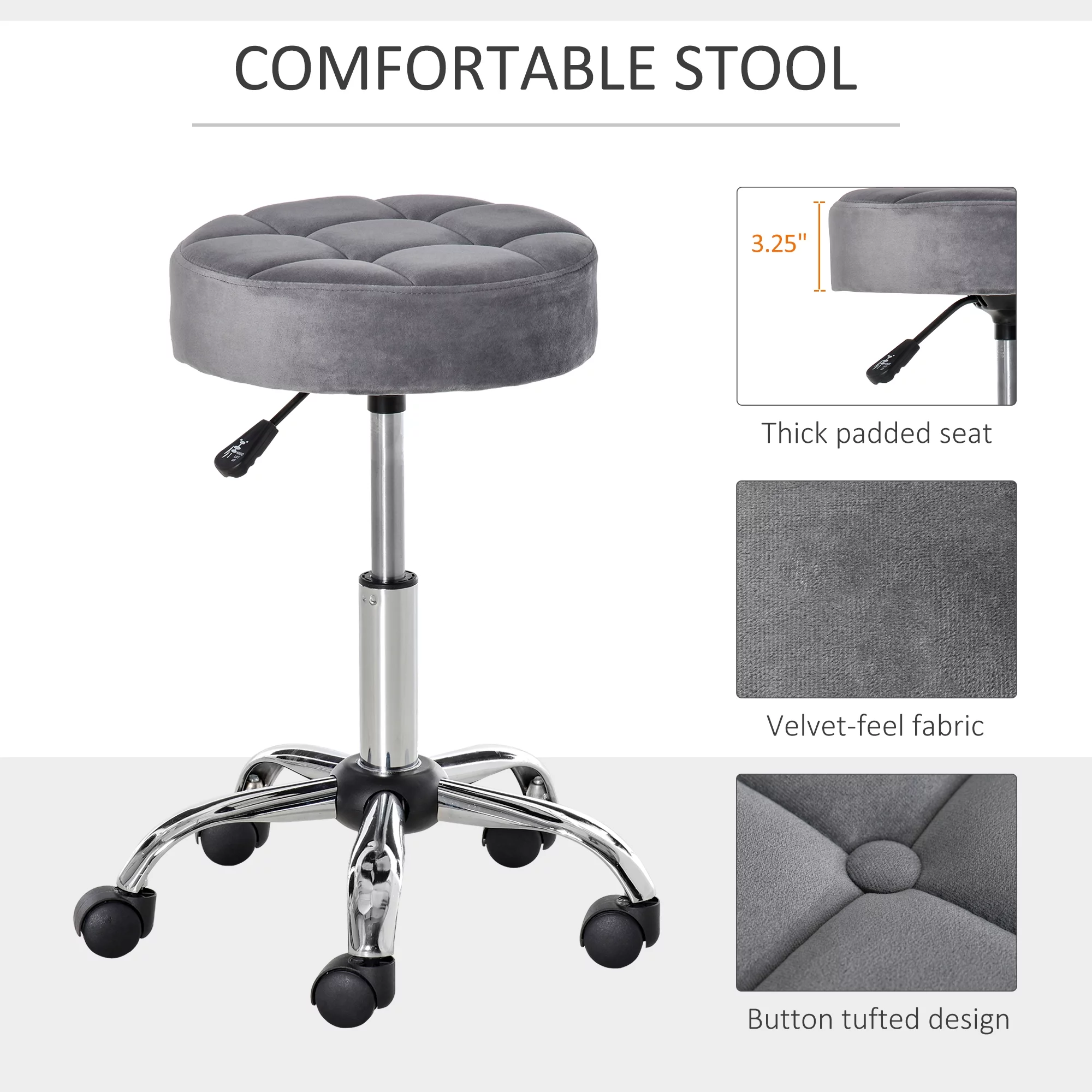 HOMCOM Round Salon Stool Height Adjustable, Hydraulic Rolling Swivel Stool with Wheels, Massage Vanity Chair Home Office, Grey