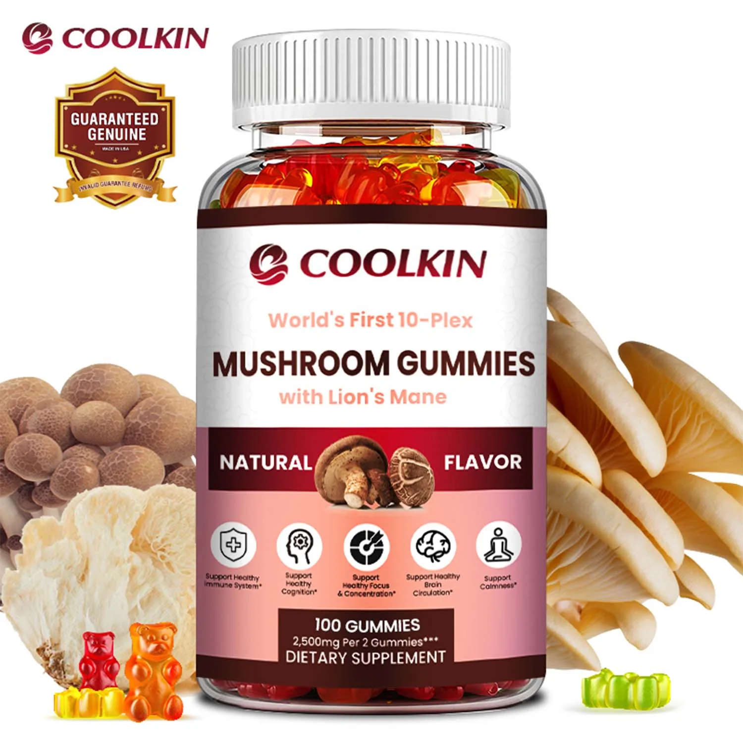 Coolkin Mushroom Gummies - with Lion's Mane - Boosts The Brain, Improves Memory (30/60/100pcs)
