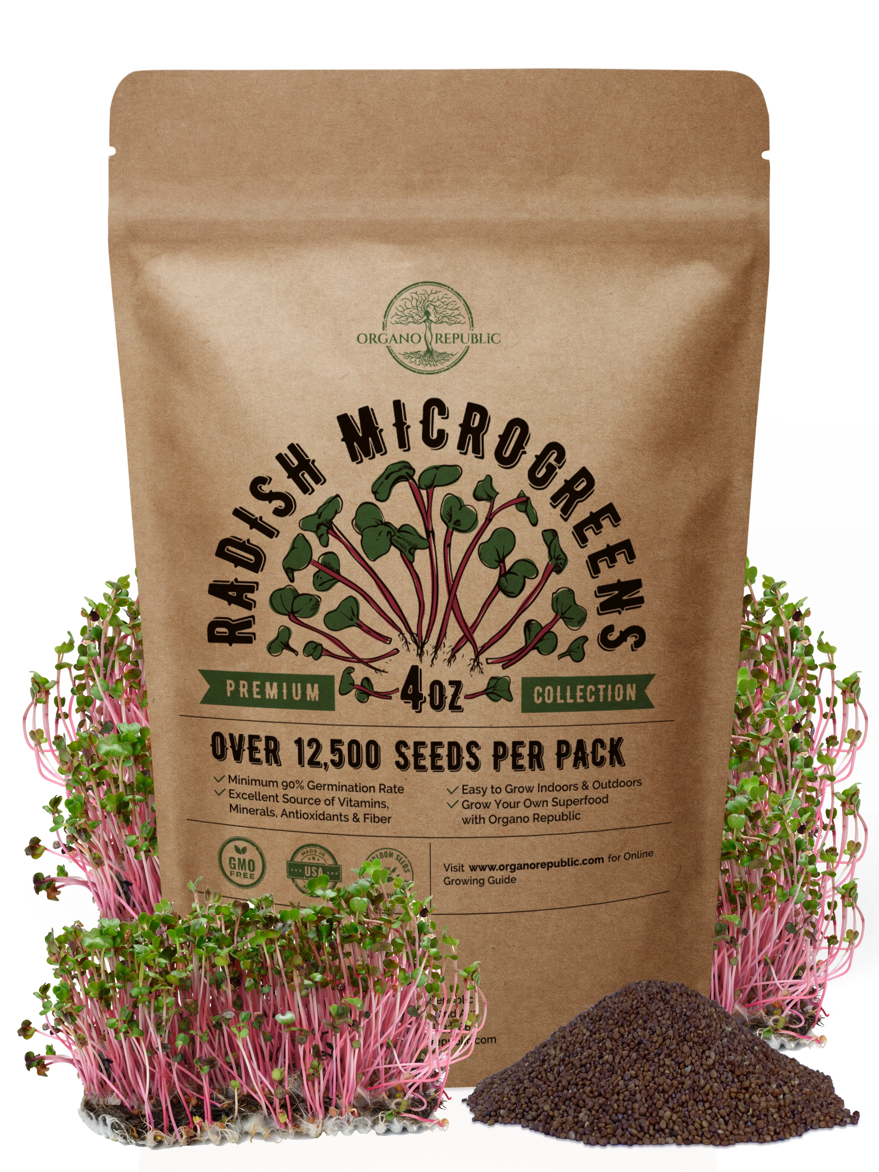 Organo Republic Radish Sprouting & Microgreens Seeds - Non-GMO, Heirloom Sprout Seeds Kit, 4oz Resealable Bag for & Growing Microgreens in Soil, Coconut Coir, Aerogarden & Hydroponic System.