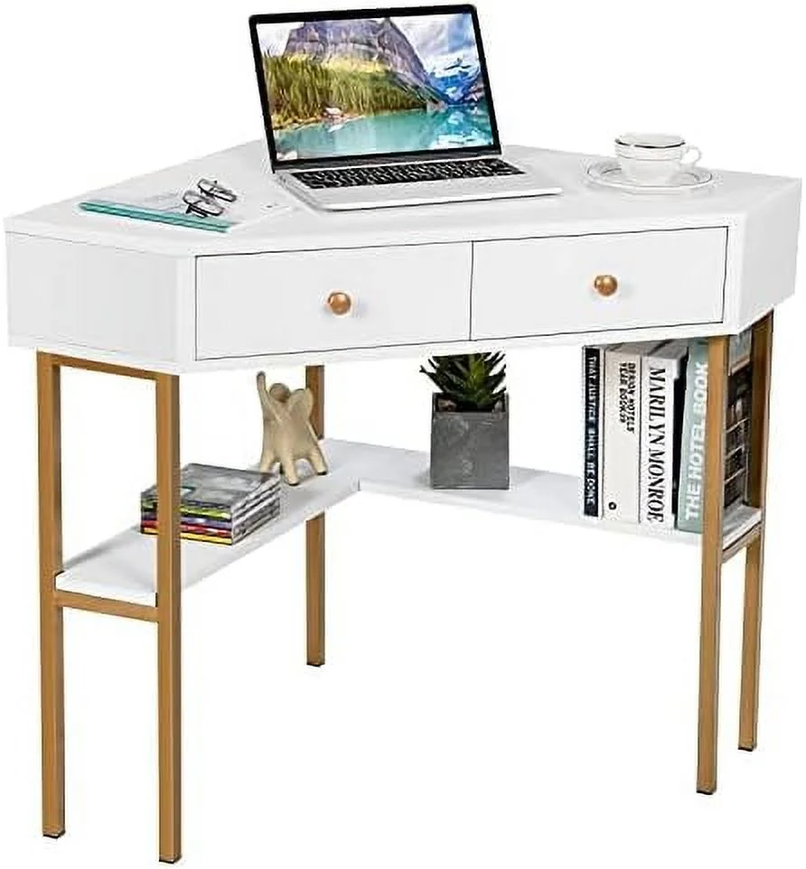 CGFHYP Corner Desk with 2 Drawers  90 Degrees Triangle Corner Computer Desk for Small Space  Bedroom Corner  Vanity Desk with  Shelves & Steel Frame  Space Saving Corner Writing Desk