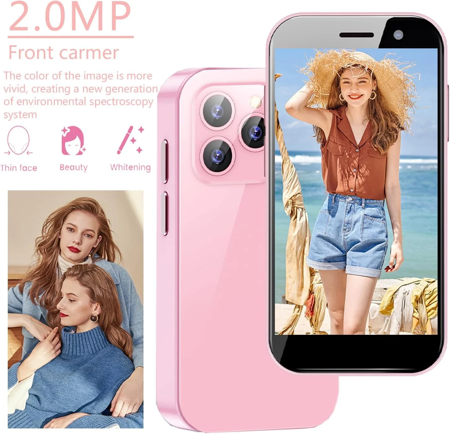 XS14Pro Mini 4G Smartphone 3.0 Inch Quad Core Dual Sim 2GB RAM 16GB ROM Sim 2600mAh Unlocked Card Android Small Mobile Phone Student Pocket Cellphone (Pink)