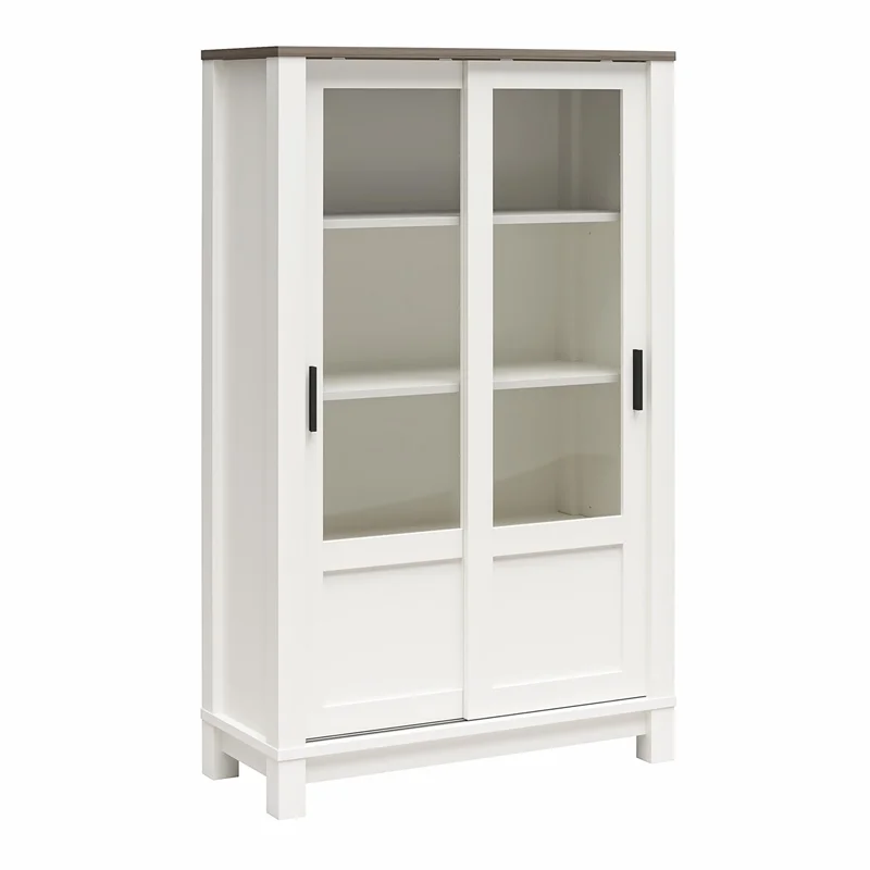 Pemberly Row Rustic Farmhouse Bookcase Cabinet - White w/Brown Oak