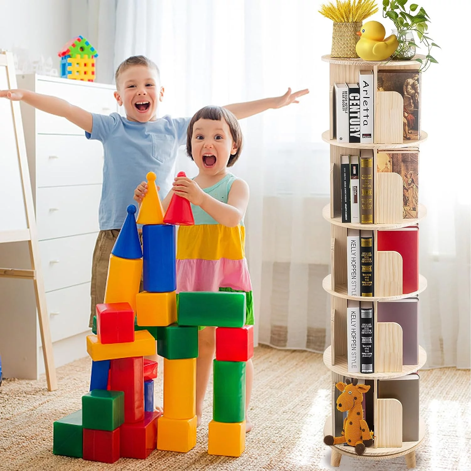 5 Tier Rotating Bookcase With Legs,360°Display Wood Round Bookshelf,Swivel Bookcase