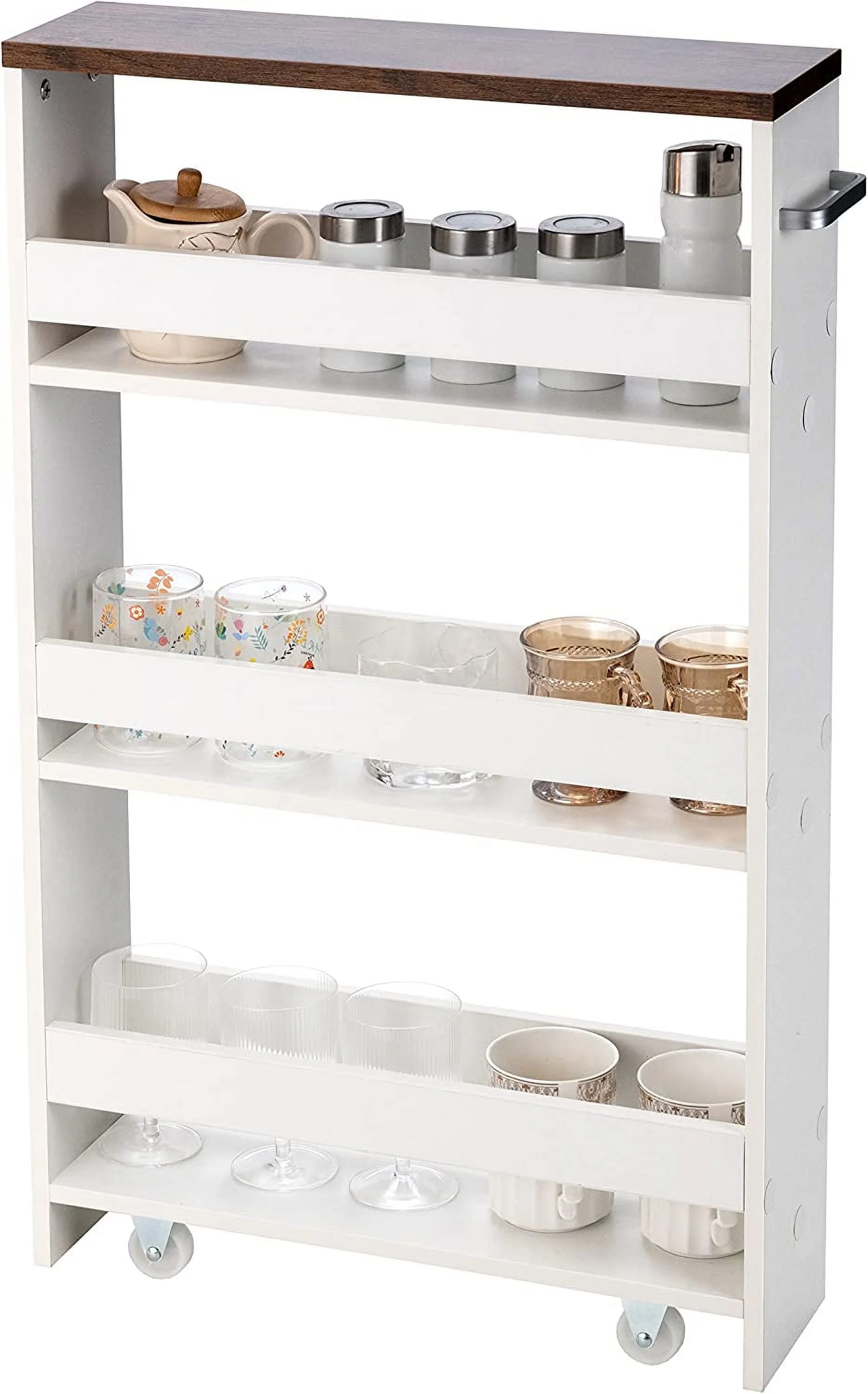 Slim Rolling Storage Cart, 4-Tier Rolling Utility Cart, Wood Kitchen Storage Cart with Handle & Wheels, Narrow Rolling Shelving Unit for Kitchen Bathroom Laundry Small Places