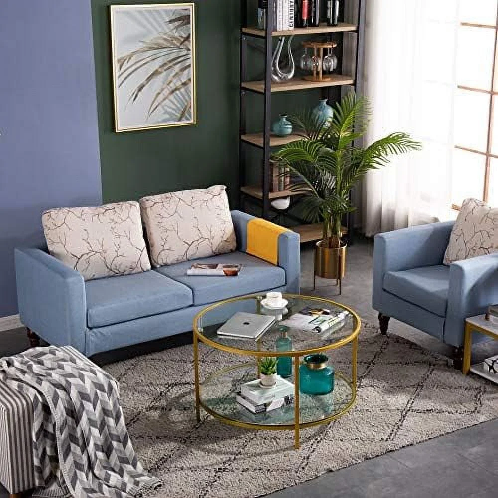 JDZHAPPYLIFE 31.5" Round Coffee Table with Open   2-Tier Temperred Glass Round Accent Coffee Table with Metal Frame  Mustard Gold