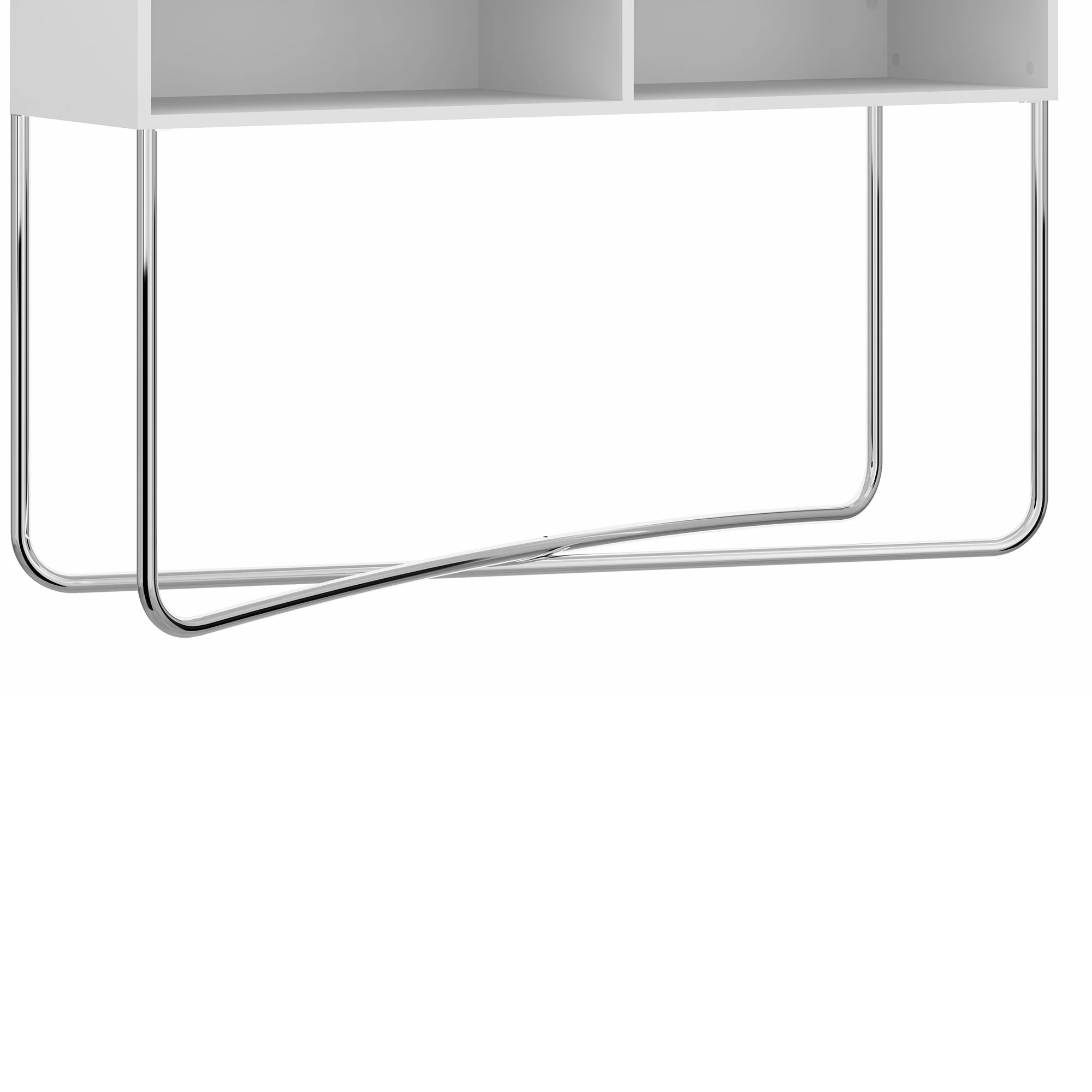 Wooden Console Table with 2 Open Compartments and Metal Frame, White and Chrome