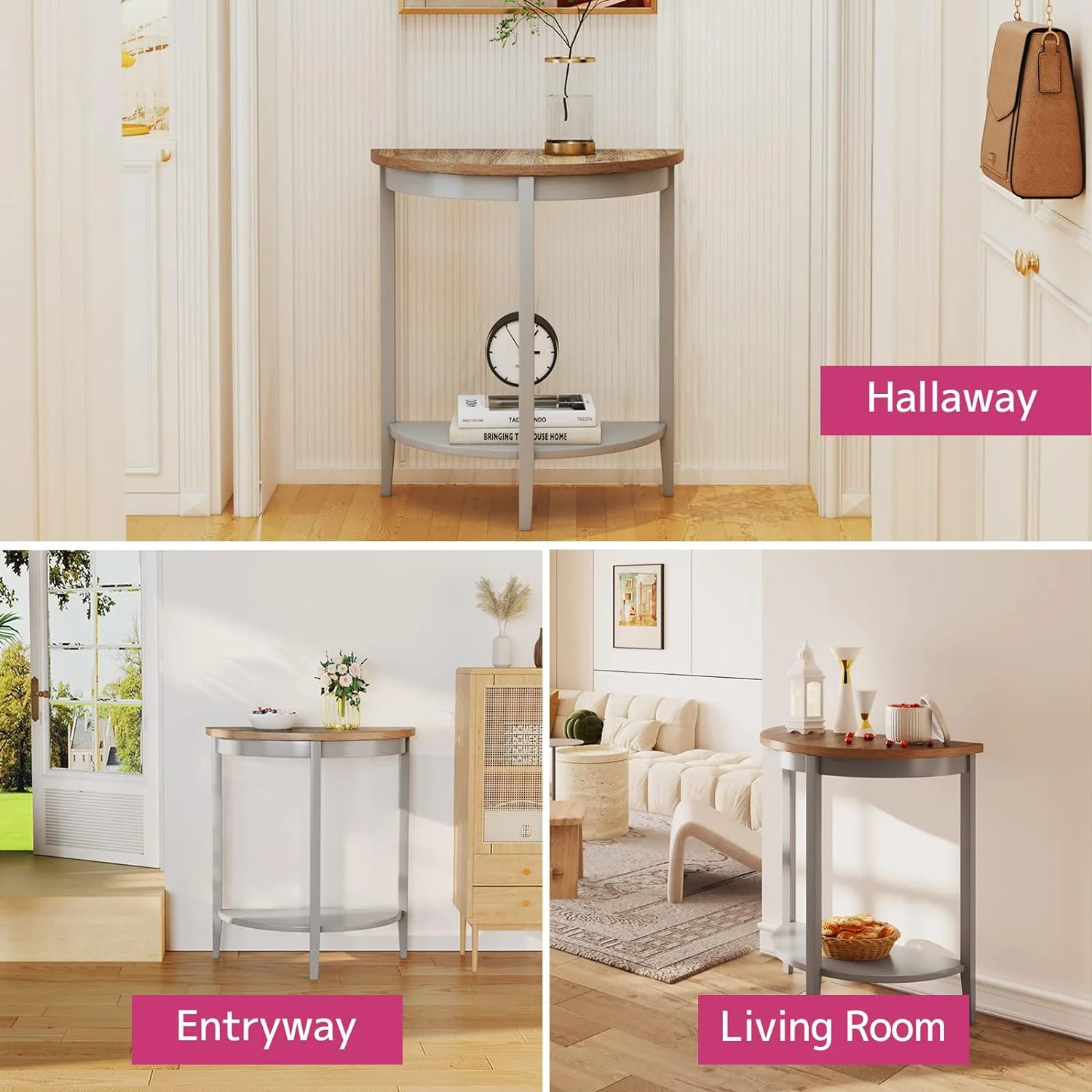 Justino Half Moon Wooden Console Table With Bottom Shelf In Gray Oak