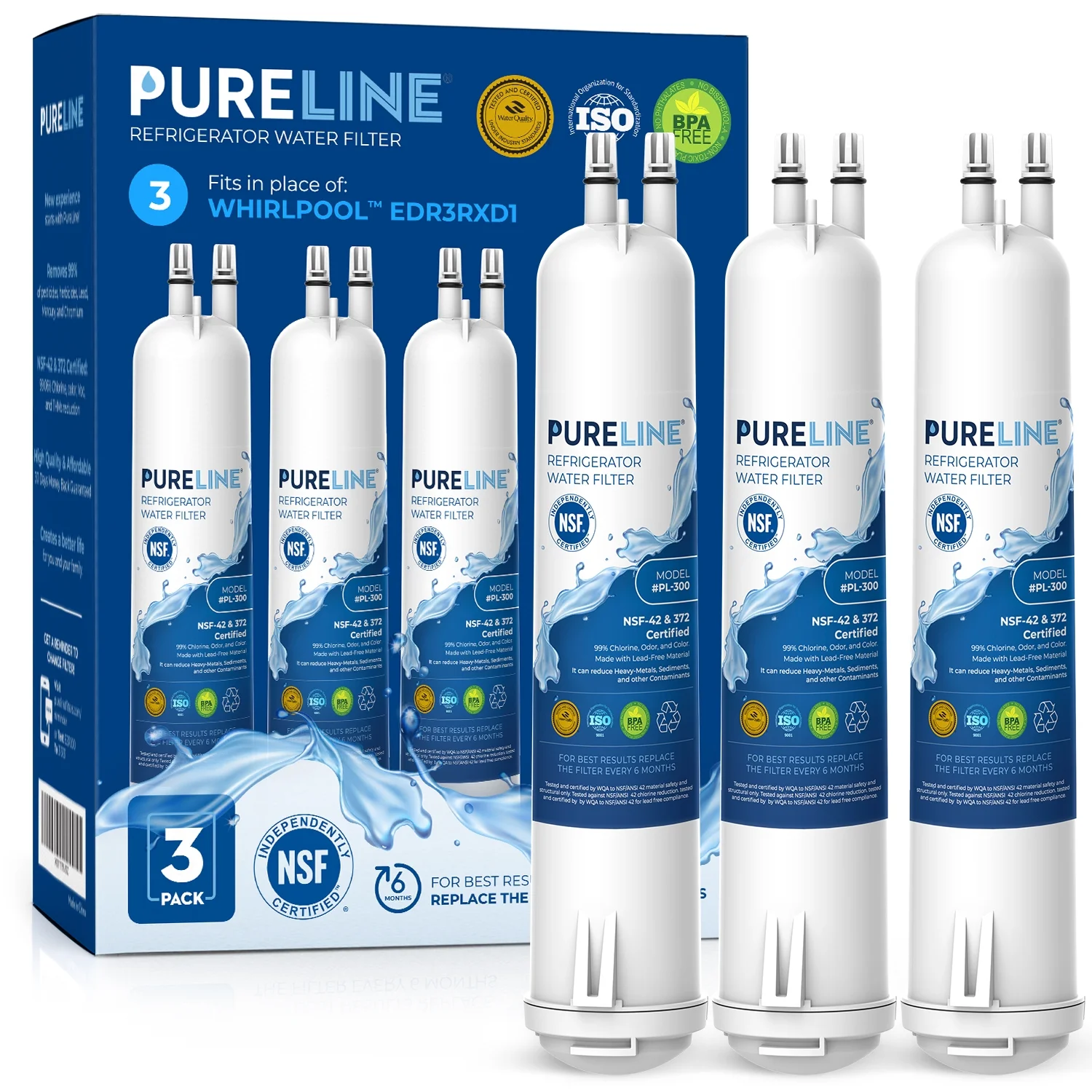 Pureline Replacement for Whirlpool® Everydrop® Filter 3, EDR3RXD1, 4396710, 4396841 Water Filter, Kenmore® 46-9083, 46-9030, 46-9030 Refrigerator Water Filter (3 Pack)