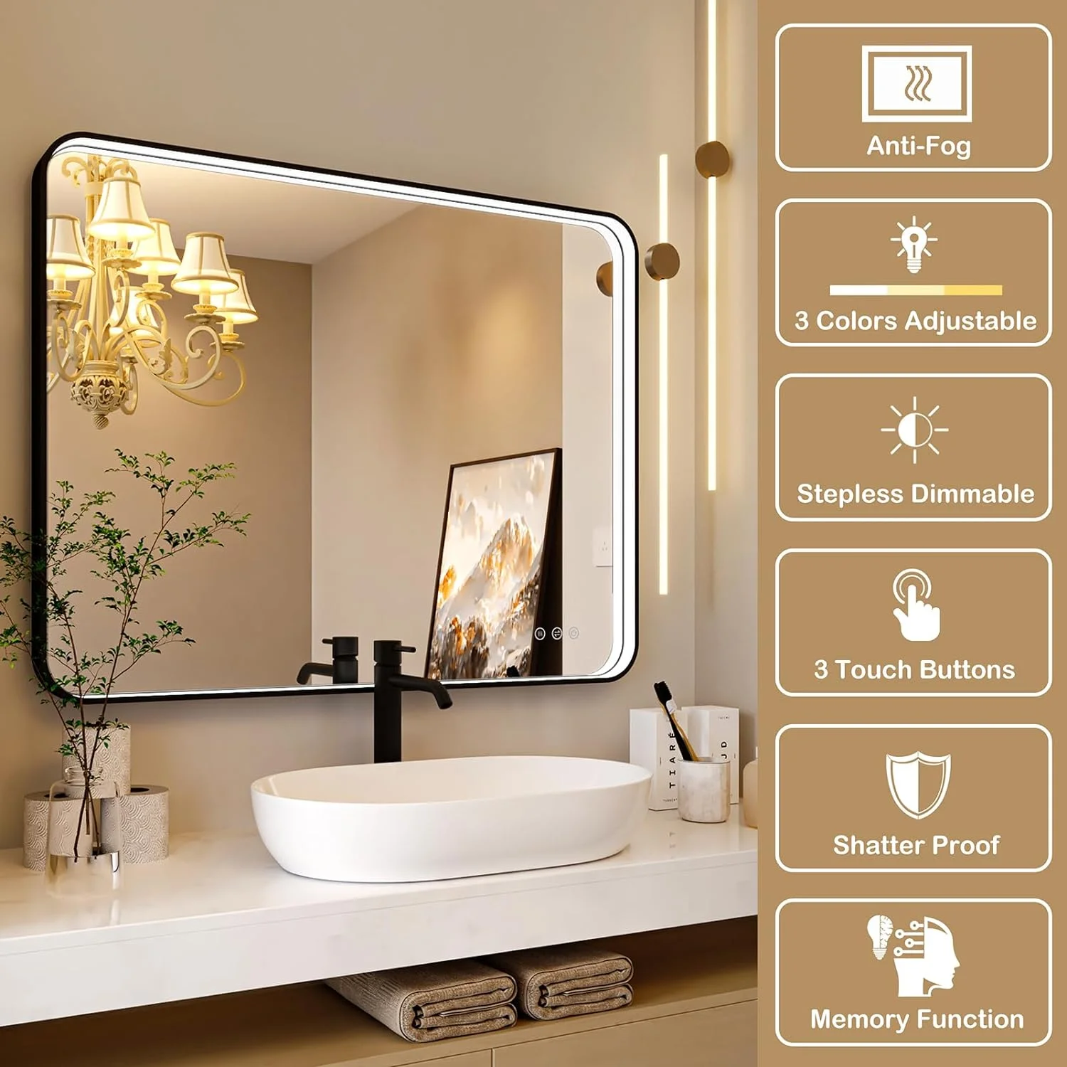 HYUN 28x36 Inch LED Bathroom Mirror with Lights, Black Metal Framed LED Mirror for Bathroom, 3 Colors and Stepless Dimmable Wall Mounted Lighted Bathroom Vanity Mirror, Anti-Fog, Memory