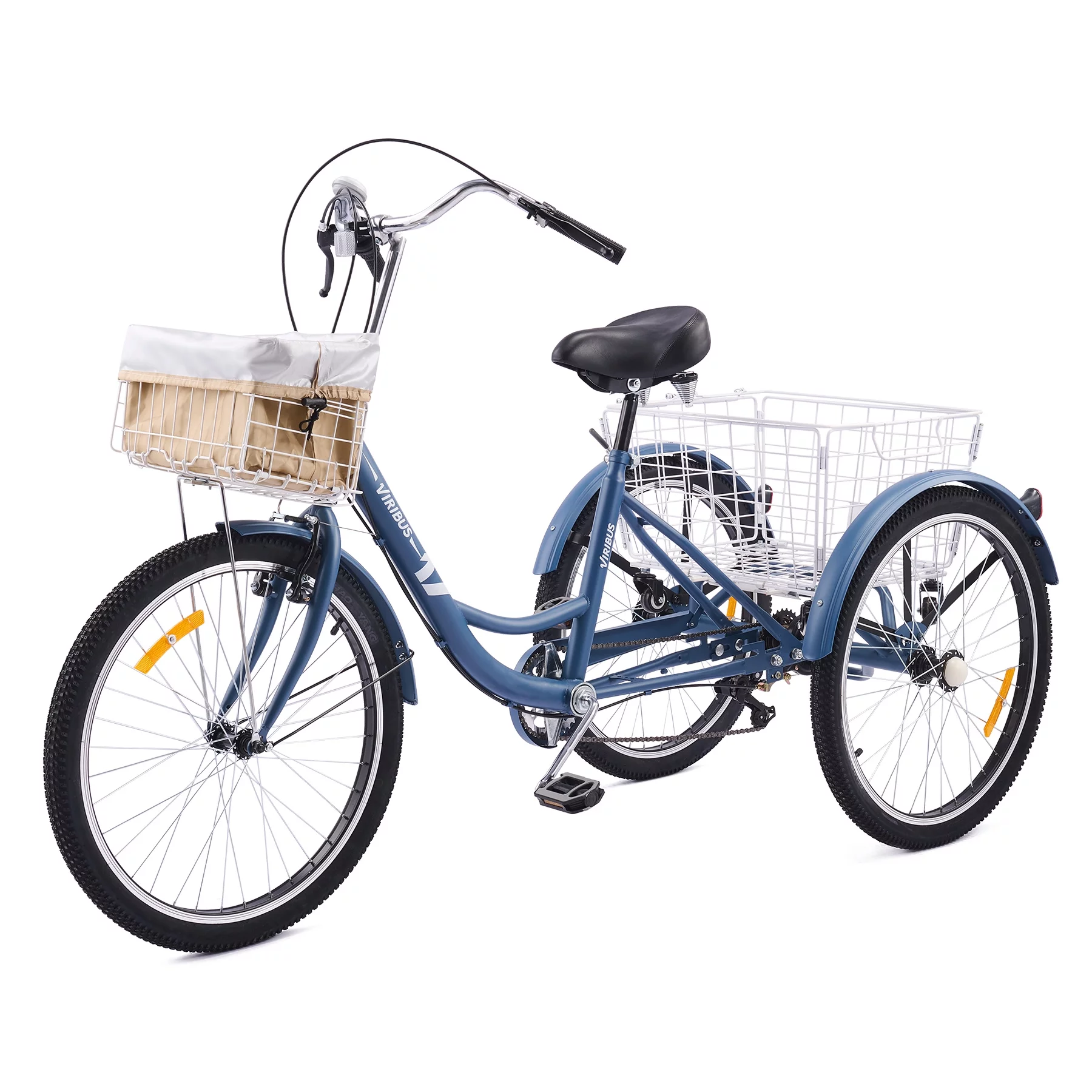 VIRIBUS 7 Speed 26 Inch Tricycle with Flexible Seating and 2 Baskets Matte Blue