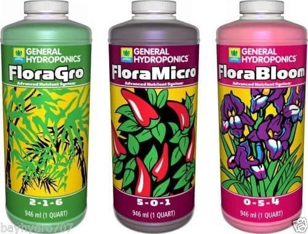 GH Flora Series' General Hydroponics 32oz Quarts Trio FloraMicro FloraGrow FloraBloom, 1 Set of 3