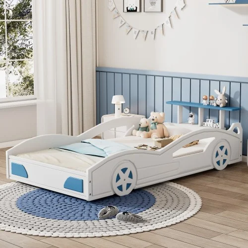 Twin Race Car Bed,Wood Low Platform Bed Frame with Support Slats,Twin Beds in Race Car-Shaped for Boys Teens(White&Blue)
