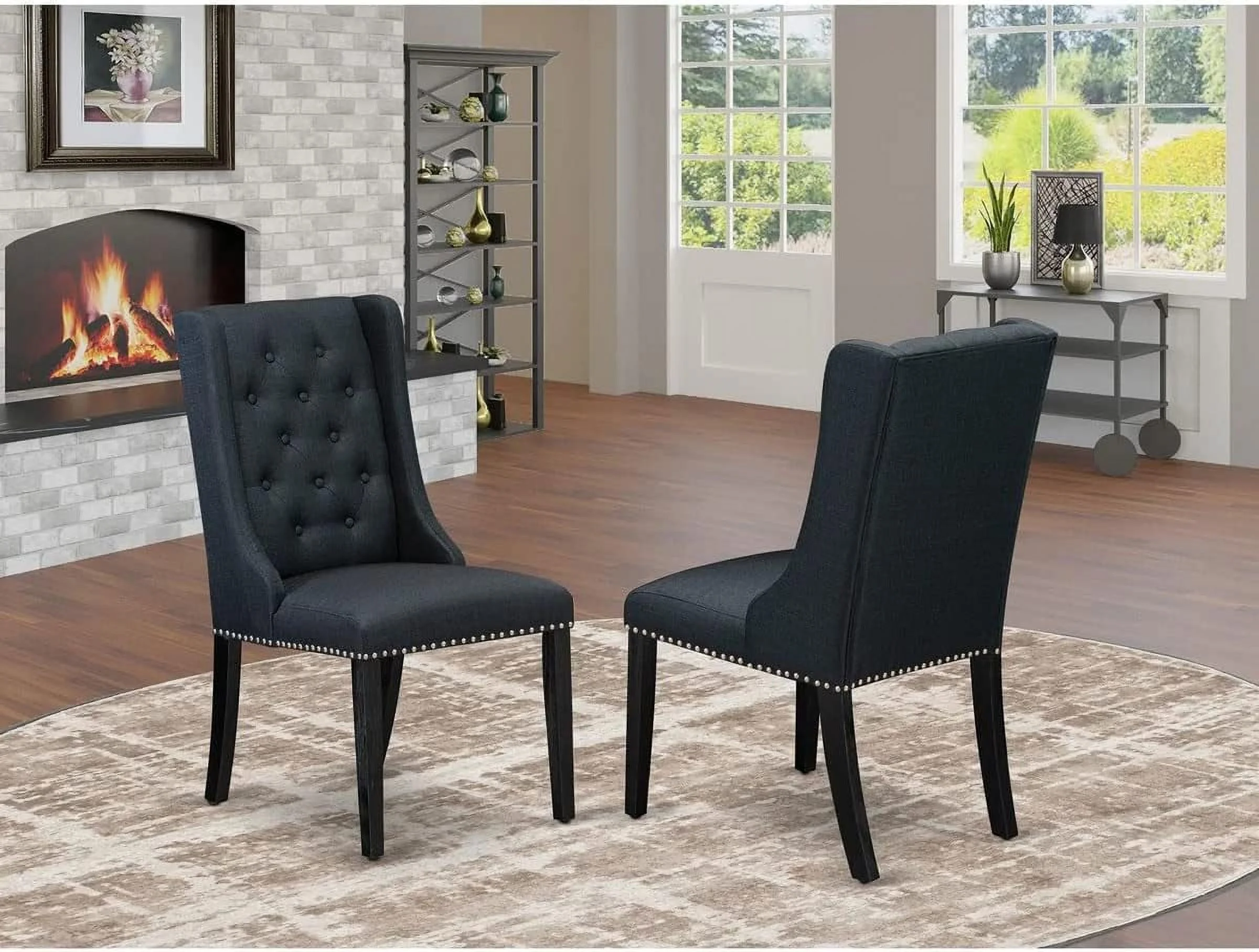 FOP6T24 Forney Parson Kitchen Chairs - Button Tufted Nailhead Trim Black Linen Fabric Upholstered Dining Chairs, Set Of 2, Wirebrushed Black