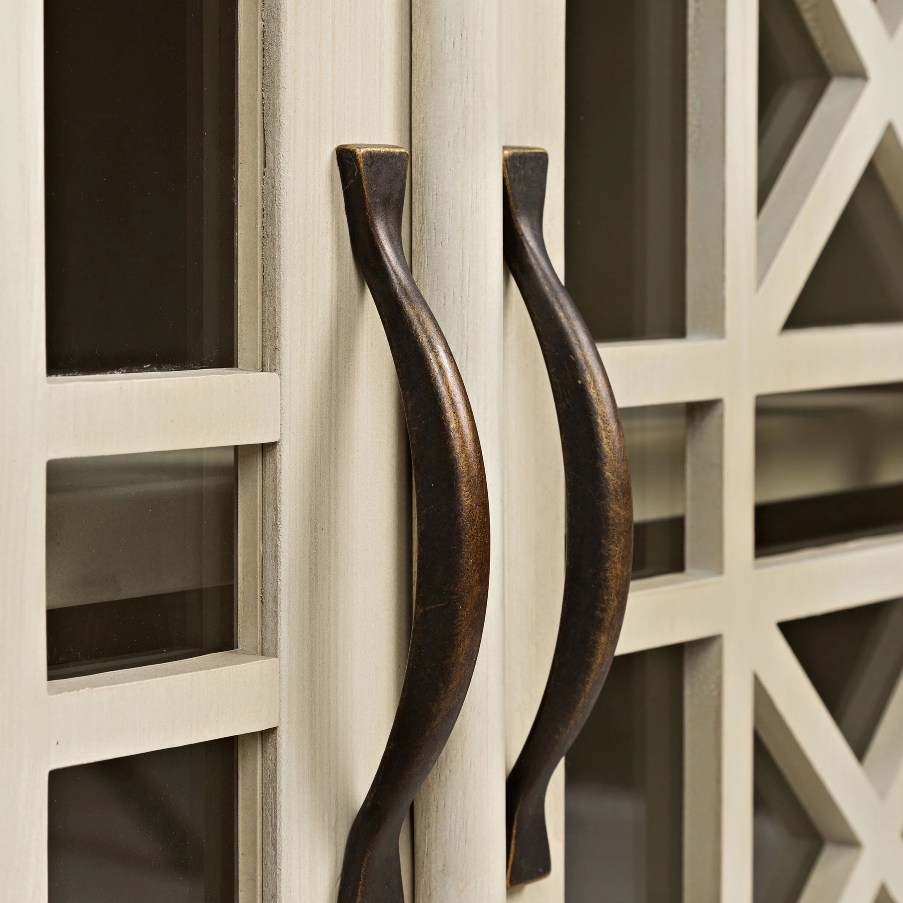 Koi 32 Inch Acacia Wood Accent Cabinet Console, 2 Fretwork Tempered Glass Doors, 1 Shelf, Antique White