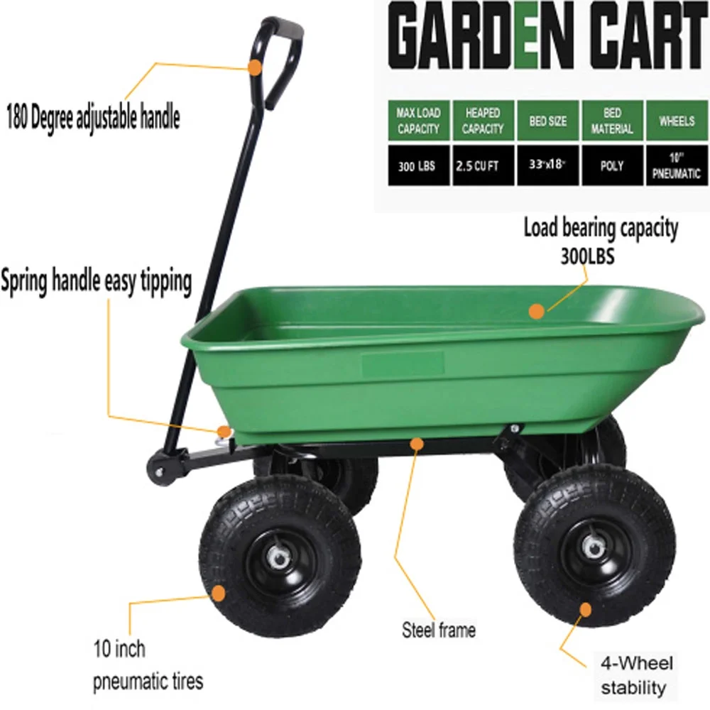 Folding car Poly Garden dump truck with steel frame, 10 inches. Pneumatic tire, 300 lb capacity body 55L Green