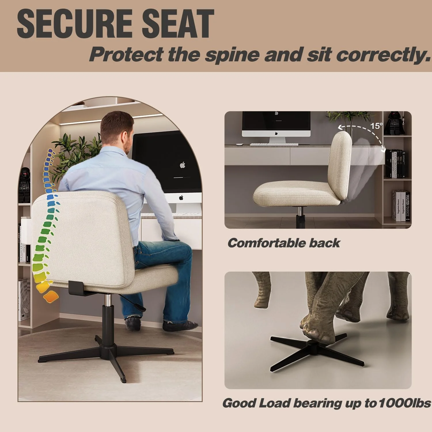 U-ToBe Cross Legged Office Chair,Criss Cross Chair Armless Wide Seat Ergonomic Home Office Desk Chair No Wheels Swivel Computer Chair