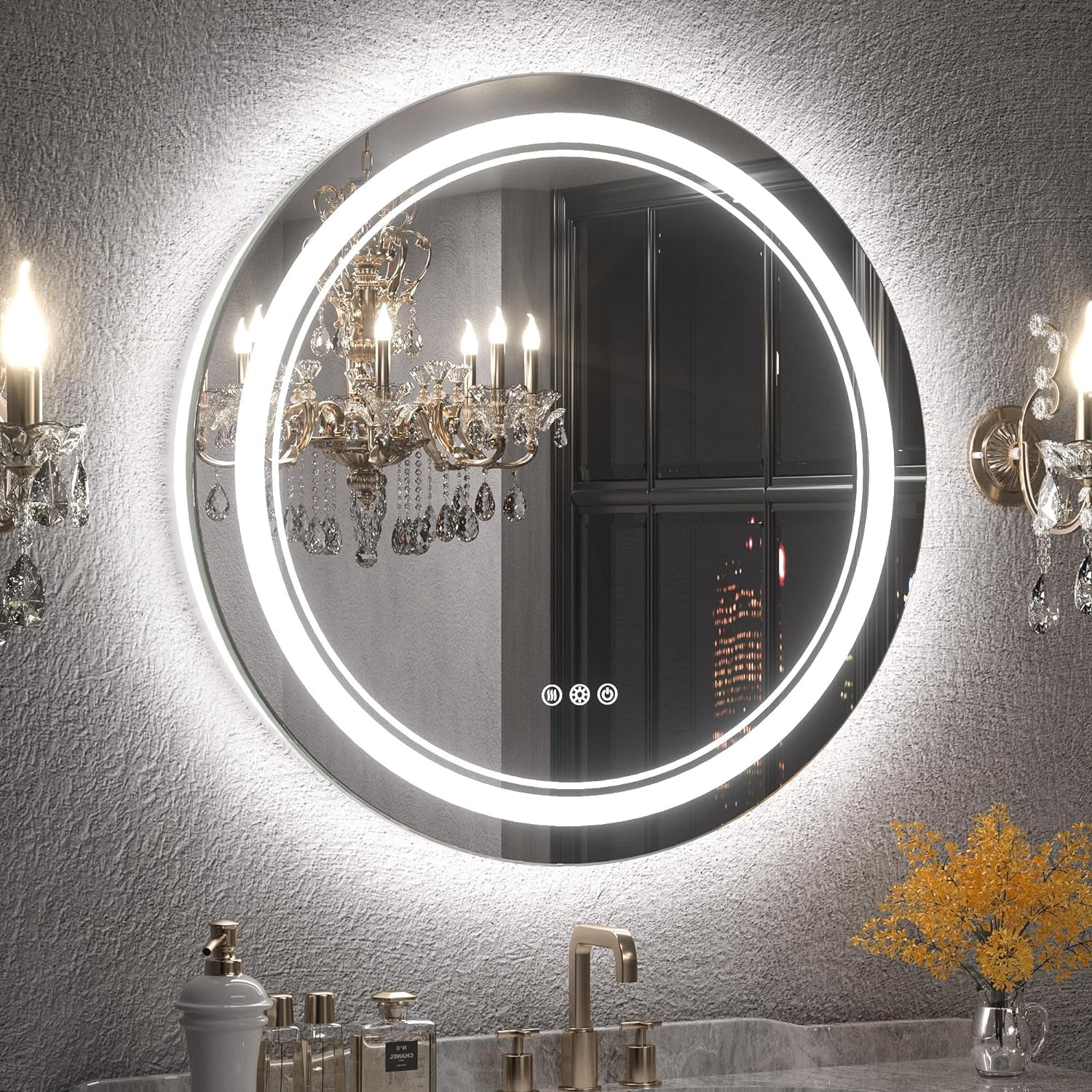 HYUN 28 Inch Round LED Mirror for Bathroom Frontlit & Backlit Stepless 3 Color Temperature, UL Listed LED Driver, Dimmable Anti-Fog Frameless Lighted Circular Wall Mounted Vanity Mirror CRI 90+