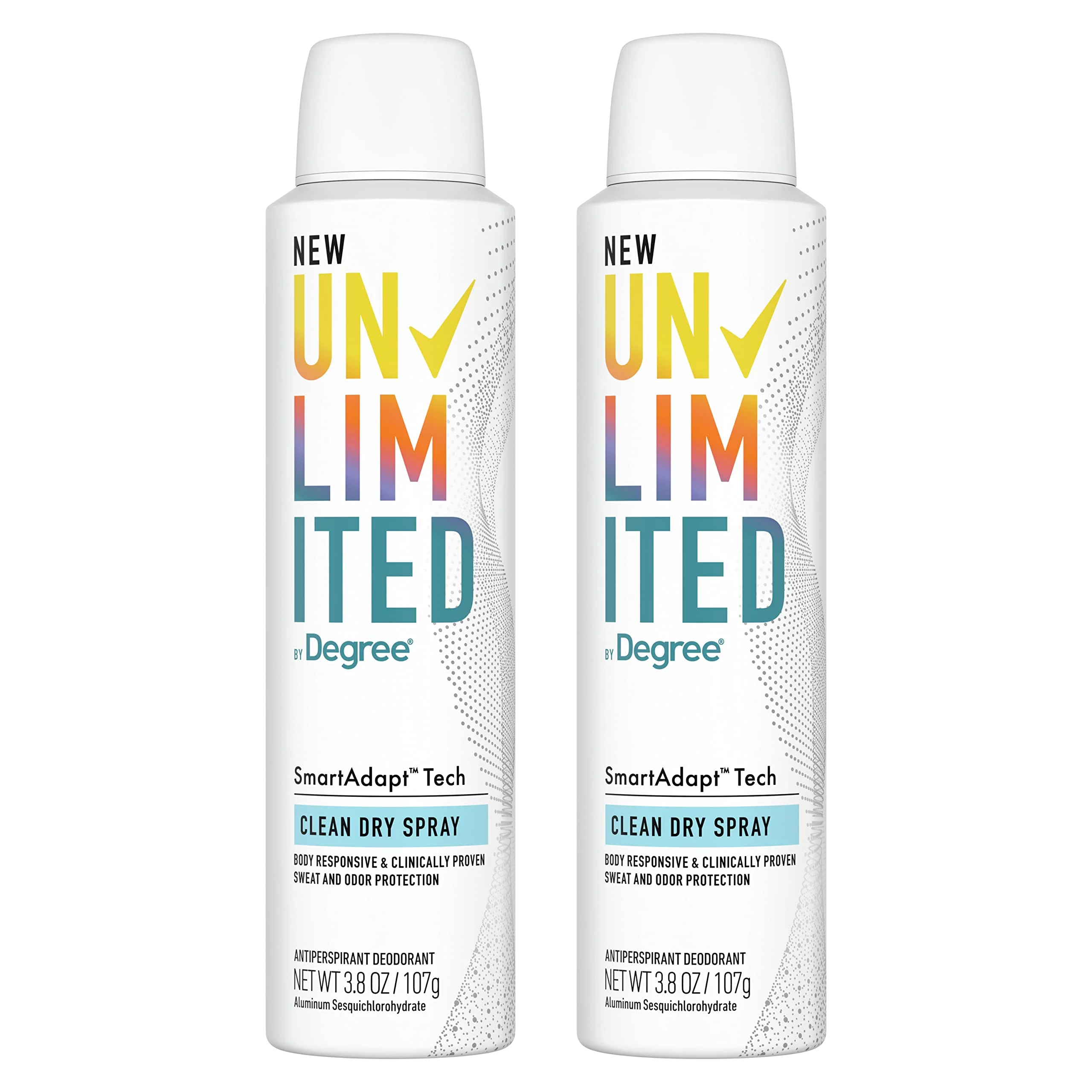 Degree Unlimited Antiperspirant Deodorant Dry Spray Clean 2 Count Long-Lasting Sweat & Odor Protection With Antiperspirant Technology Smartadapt Tech 3.8 Oz.