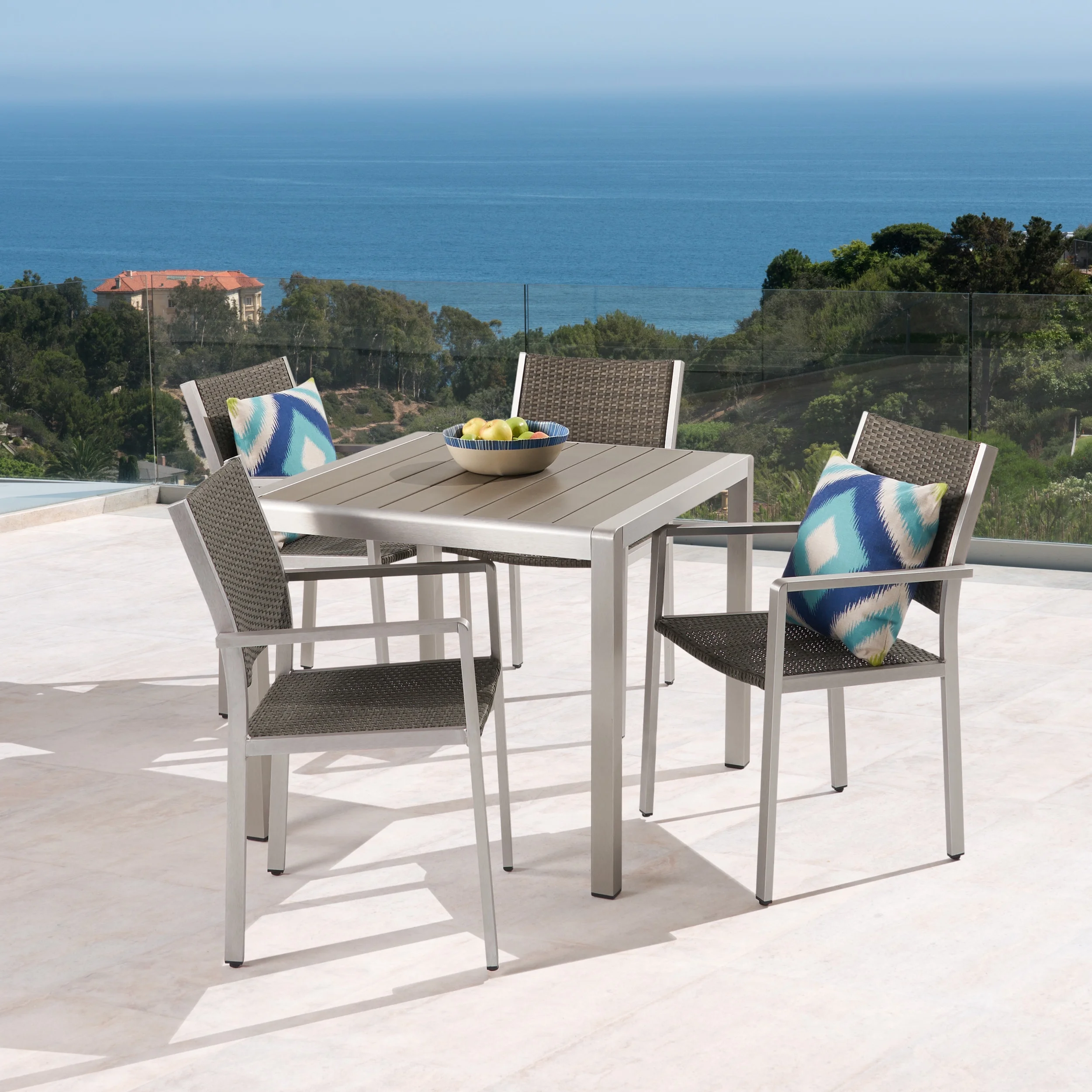 Gannon Outdoor 5 Piece Anodized Aluminum Dining Set with Faux Wood Table Top and Wicker Seats, Silver, Gray, Gray