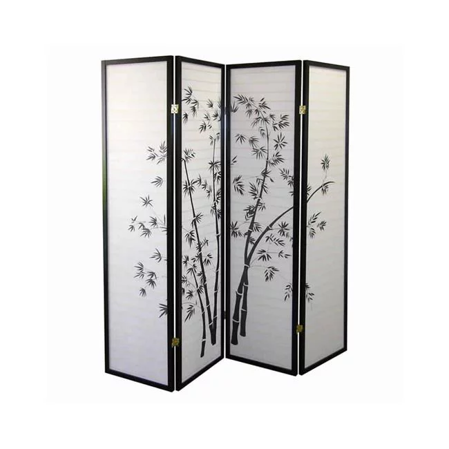 Wood & Paper 4 Panel Room Divider with Bamboo Print - White & Black - 70 x 1 x 60 in.