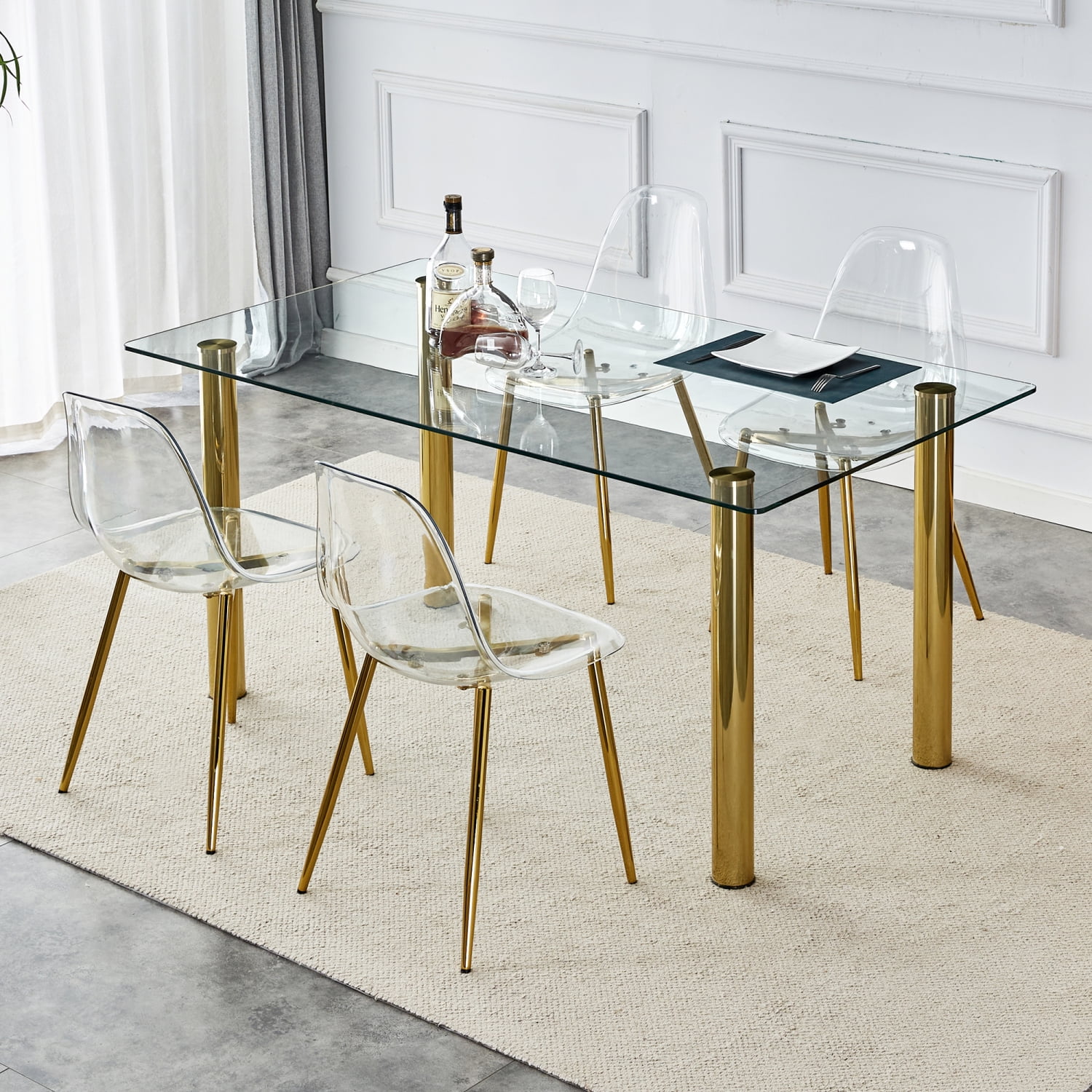 Upgrade your Dining Room with Luxurious T-003 TW-1200 4-Piece Dining Set featurning Crystal Clear Tempered Glass Tabletop and Gold-Plated Metal Legs. This set includes Modern Armless Chai