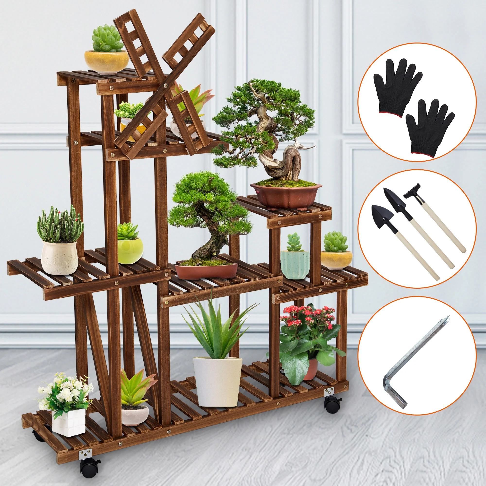 SAYFUT Wood Plant Stand, Large Multi Tiered Plant Shelf for Multiple Plants, Indoor Flower Pots Stand With Wheels, Outdoor Plant Shelves Rack Holder