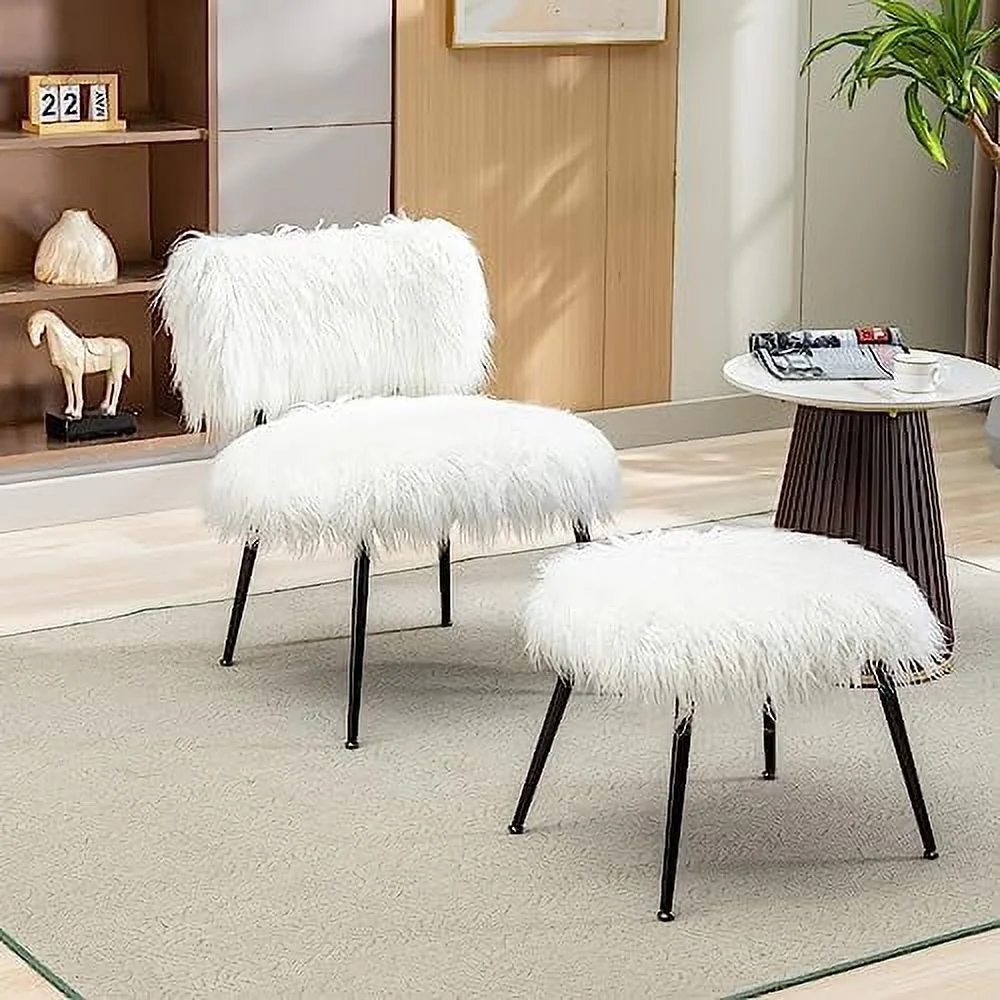 JDZHAPPYLIFE Accent Chair with Ottoman Fluffy Upholstered Armless Chair with Footrest and Metal Legs Faux Fur Plush Accent Chair Comfy Mid Century Living Room Chair for Living Room  Bedro