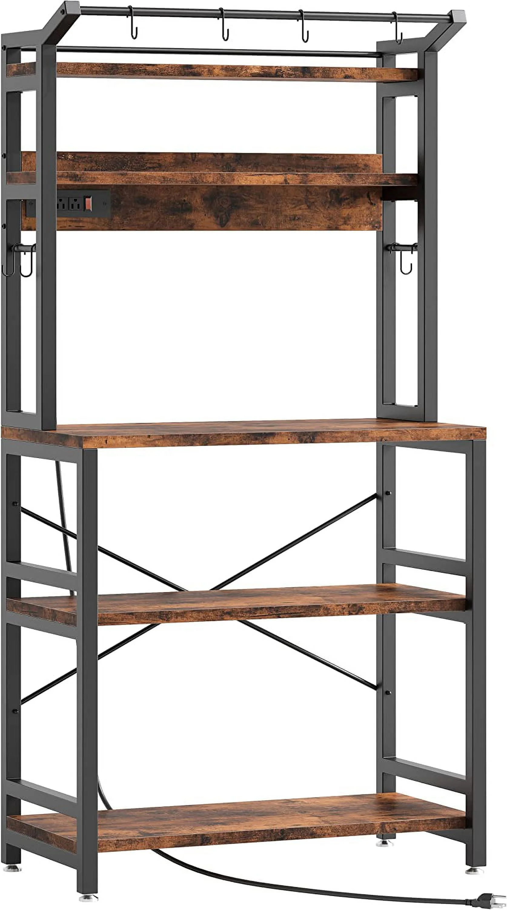 IRONCK Bakers Rack with Power Outlet, Microwave Stand with Storage, Coffee bar with 9 Hooks, 5 Tier Large Storage Capacity and Strong Metal Material for Kitchen, Vintage Brown Easy to Assemble