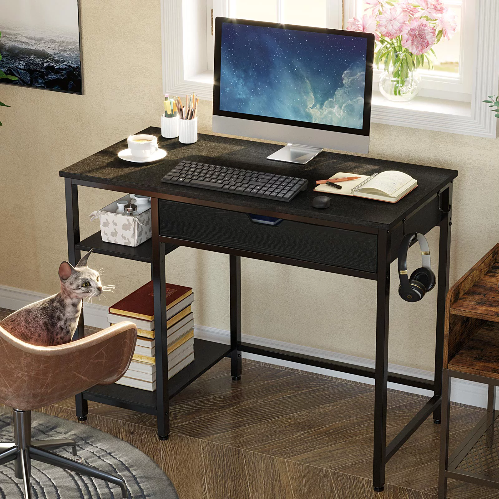 Rolanstar 39 Inch Computer Desk with Shelves and Drawer, Home Office Writing Desk, Laptop Study Table Workstation, Retro Industrial Design, Black