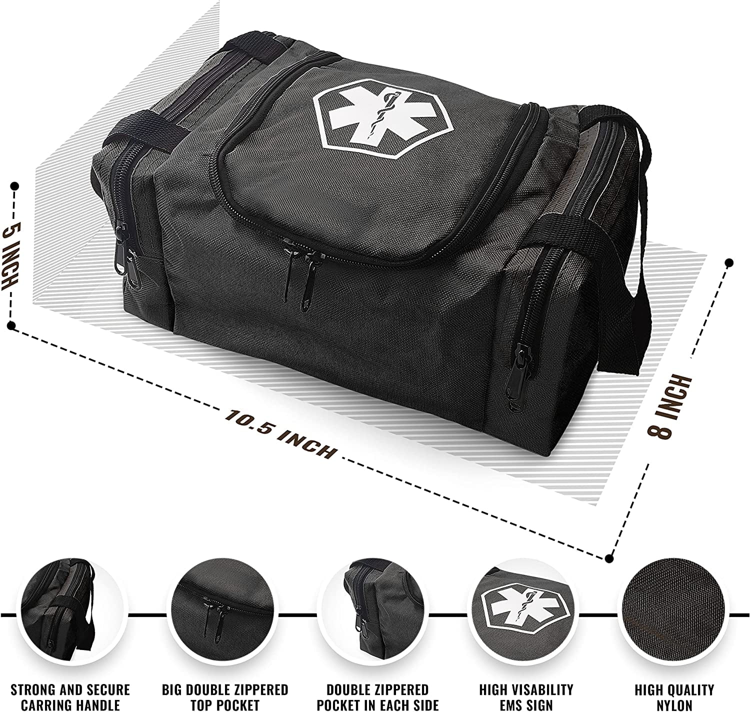 First Aid Responder EMS Emergency Medical Trauma Bag EMT, Fire Fighter, Police Officer, Paramedics, Nurse (Black)