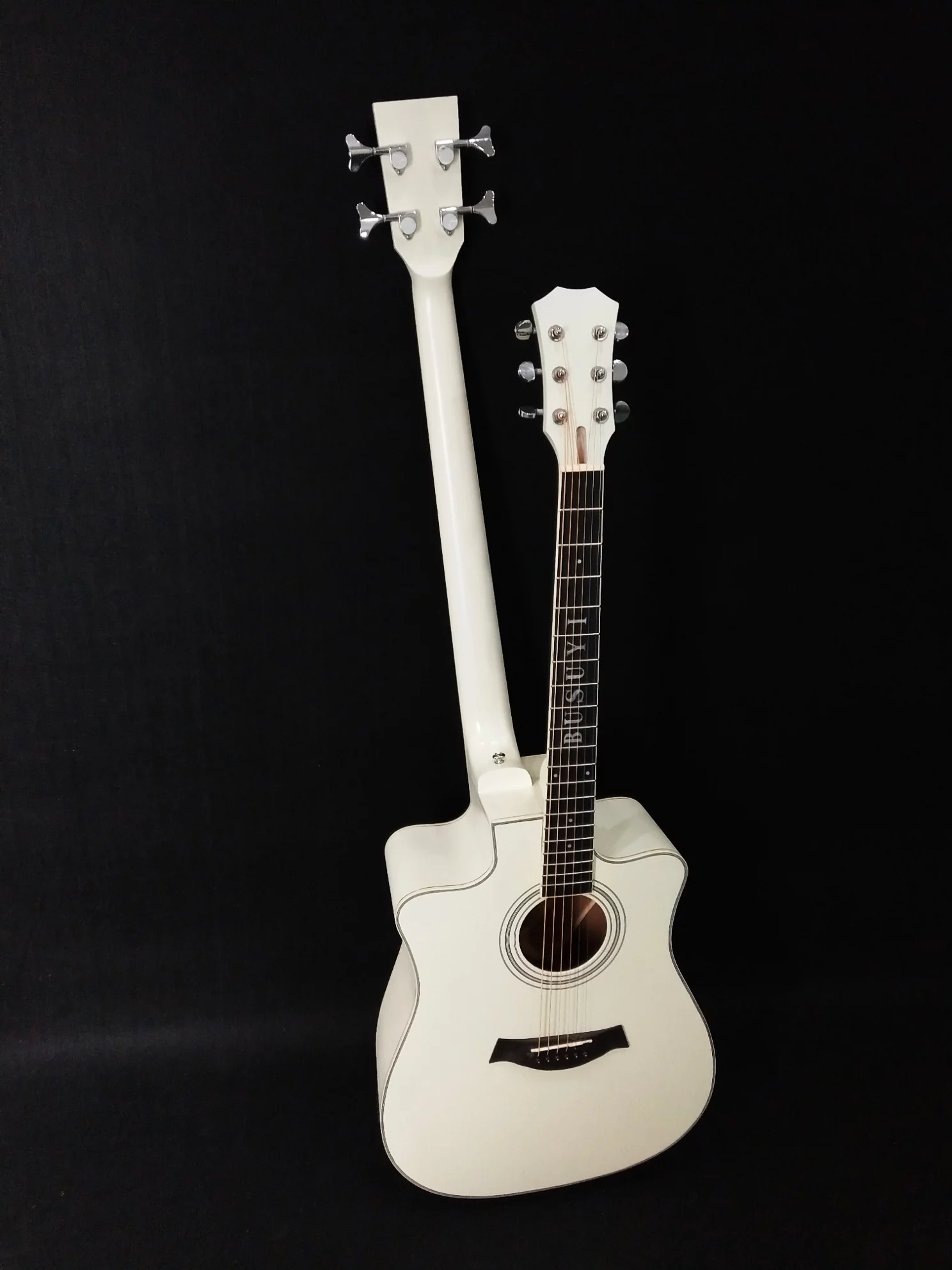 Busuyi Acoustic Electric Guitar 4 String Bass 6 String Lead Acoustic, Travel Acoustic Guitar with Classical Metal Heel 41 inch Bass Guitar, 39inch Acoustic, Double Neck Guitar (White)  All Levels