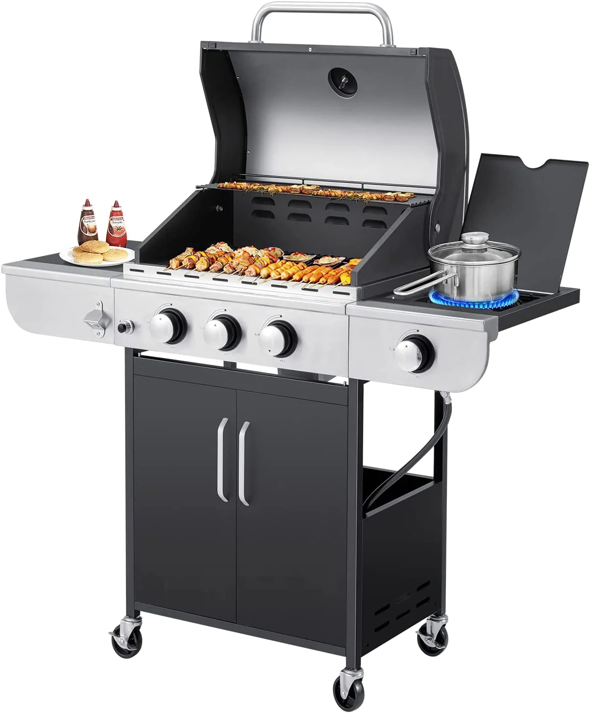 3 Burner BBQ Propane Gas Grill, 34,000 BTU Stainless Steel Patio Garden Barbecue Grill with Stove and Side Table