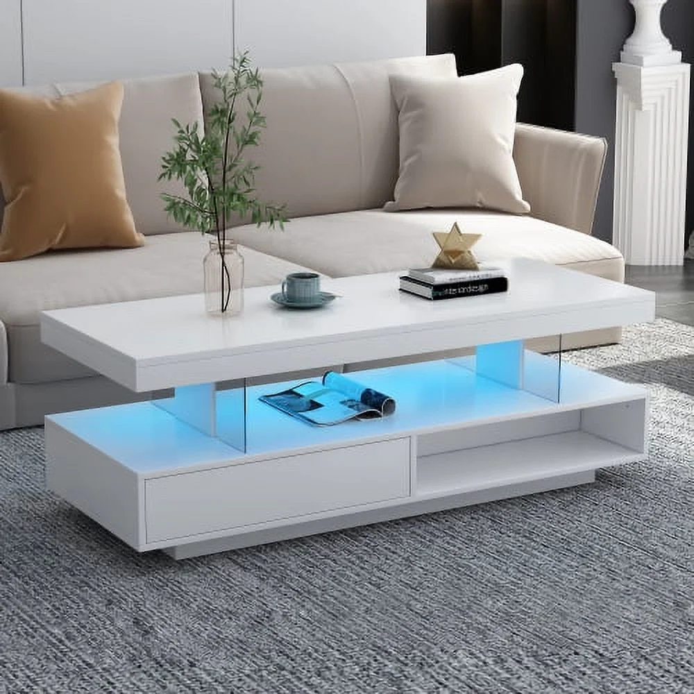 DremFaryoyo U-Can LED Coffee Table with   Modern Center Table with 2 Drawers and Display Shelves  Accent  with LED Lights for Living Room White