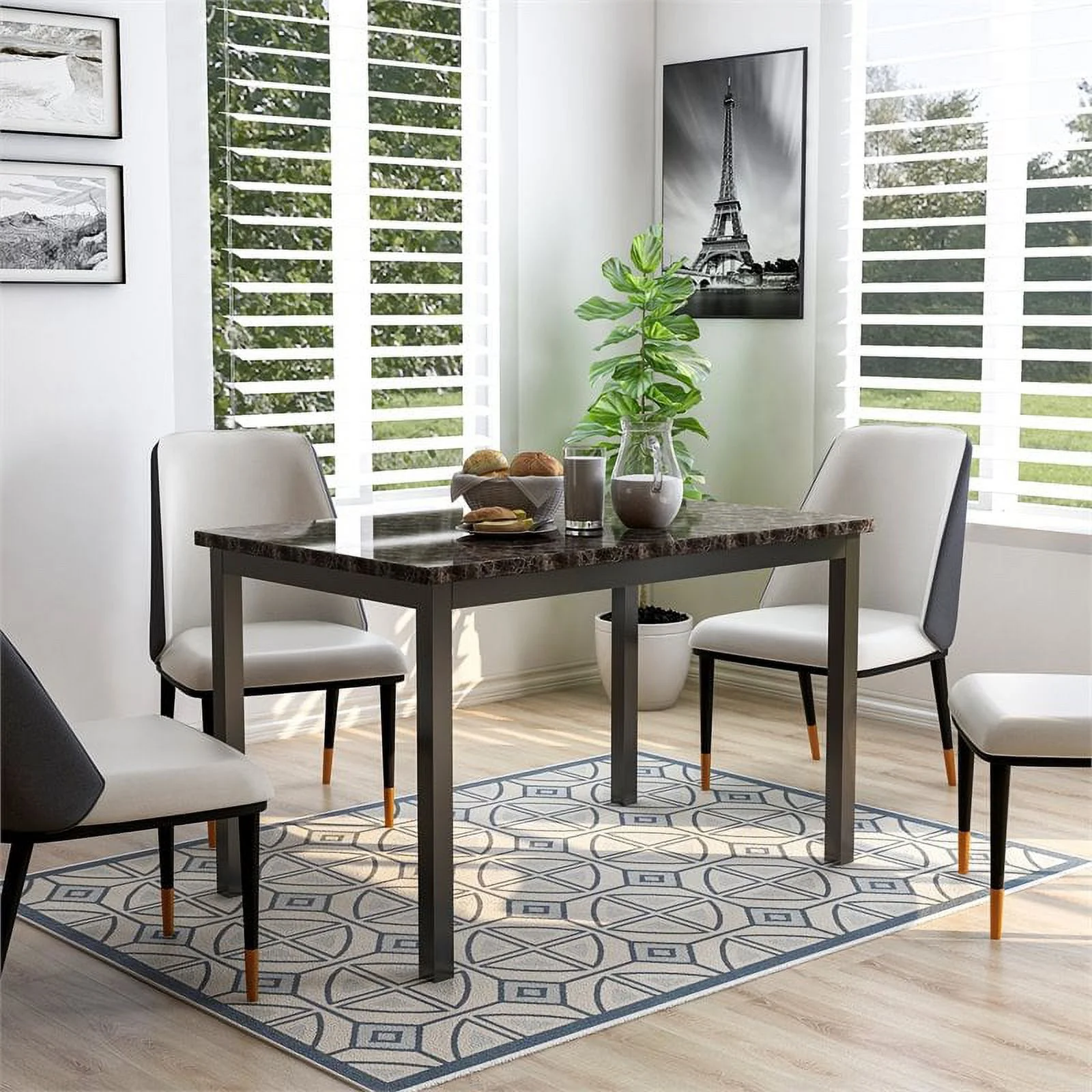Pemberly Row Faux Marble Top and Metal Dining Table in Black