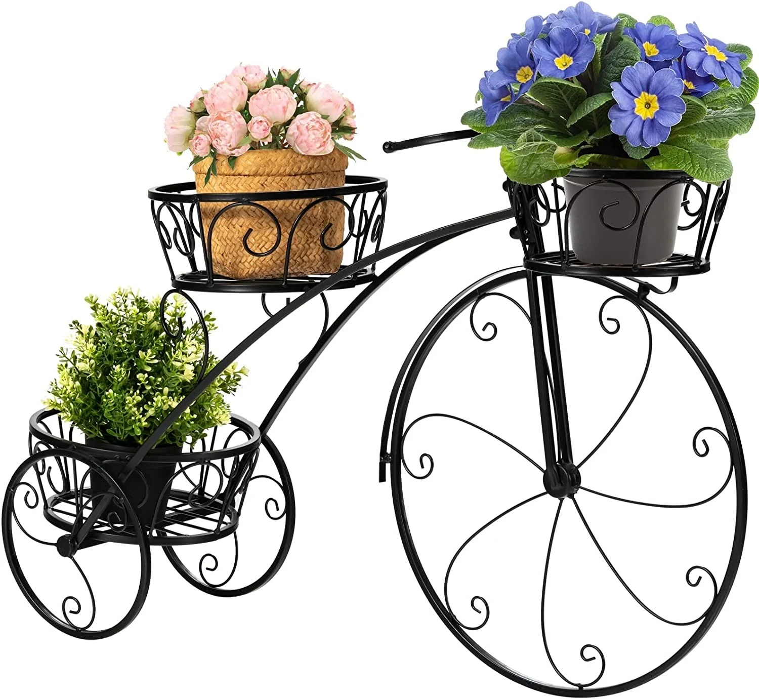 Giantex Metal Bicycle Planter, 3 Tier Tricycle Flower Plant Stand w/ 3 Decorative Wheels, Parisian Style Flower Display Stand Cart for Home Decor Patio Garden Flower Shop Indoor Outdoor