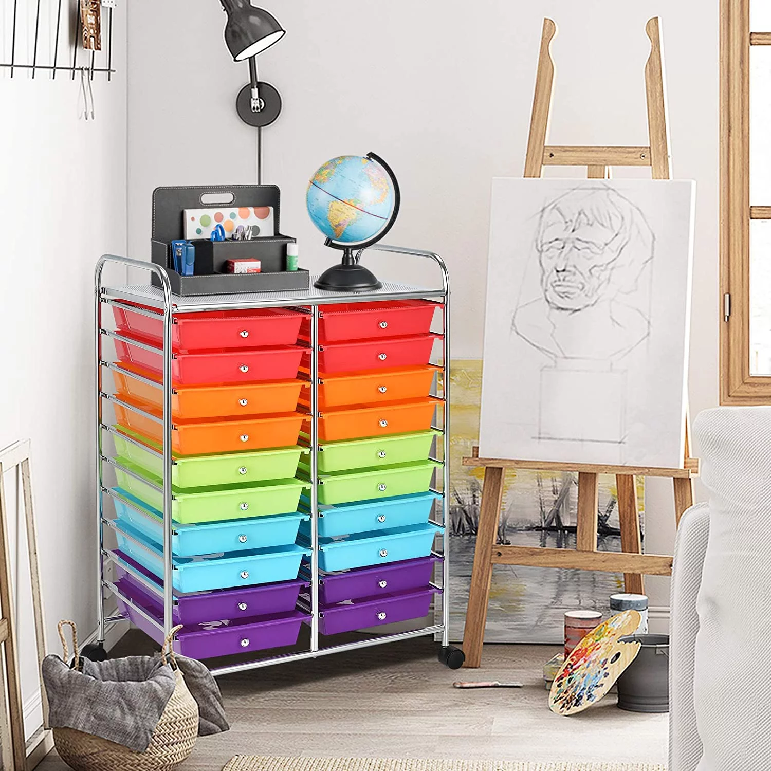 20 Drawers Storage Drawer Cart, Rolling Organizer Cart for Office School Tools Scrapbook Paper, Utility Cart on Wheels (Multicolor)