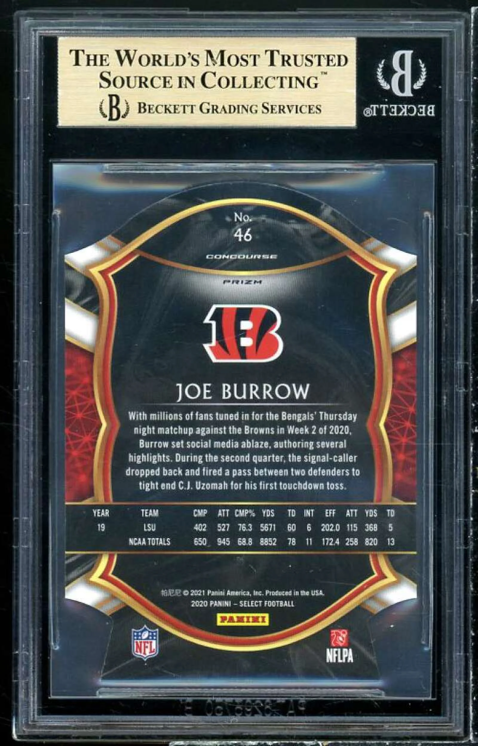 Joe Burrow Rookie 2020 Select Prizm Maroon Die Cut #46 BGS 9.5 (9.5 9 9.5 9.5)