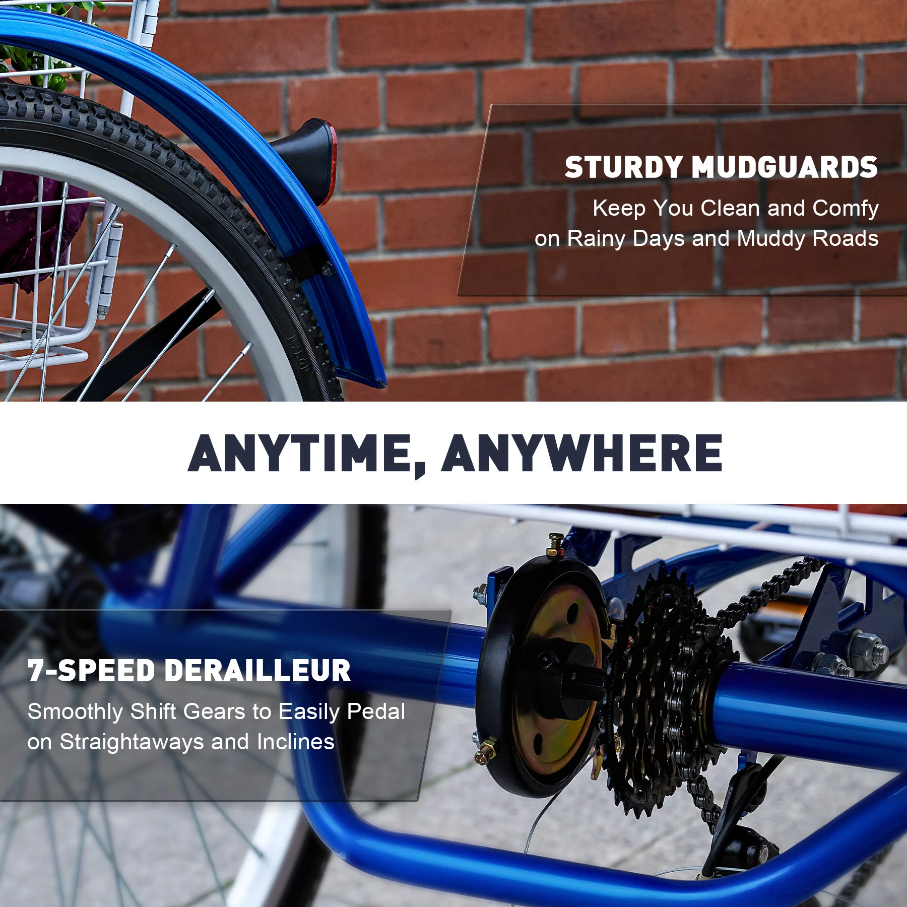 Viribus 24 Inch Adult Tricycle 7 Speed 3 Wheel Cruiser Bike Trike w Rear Basket, Blue