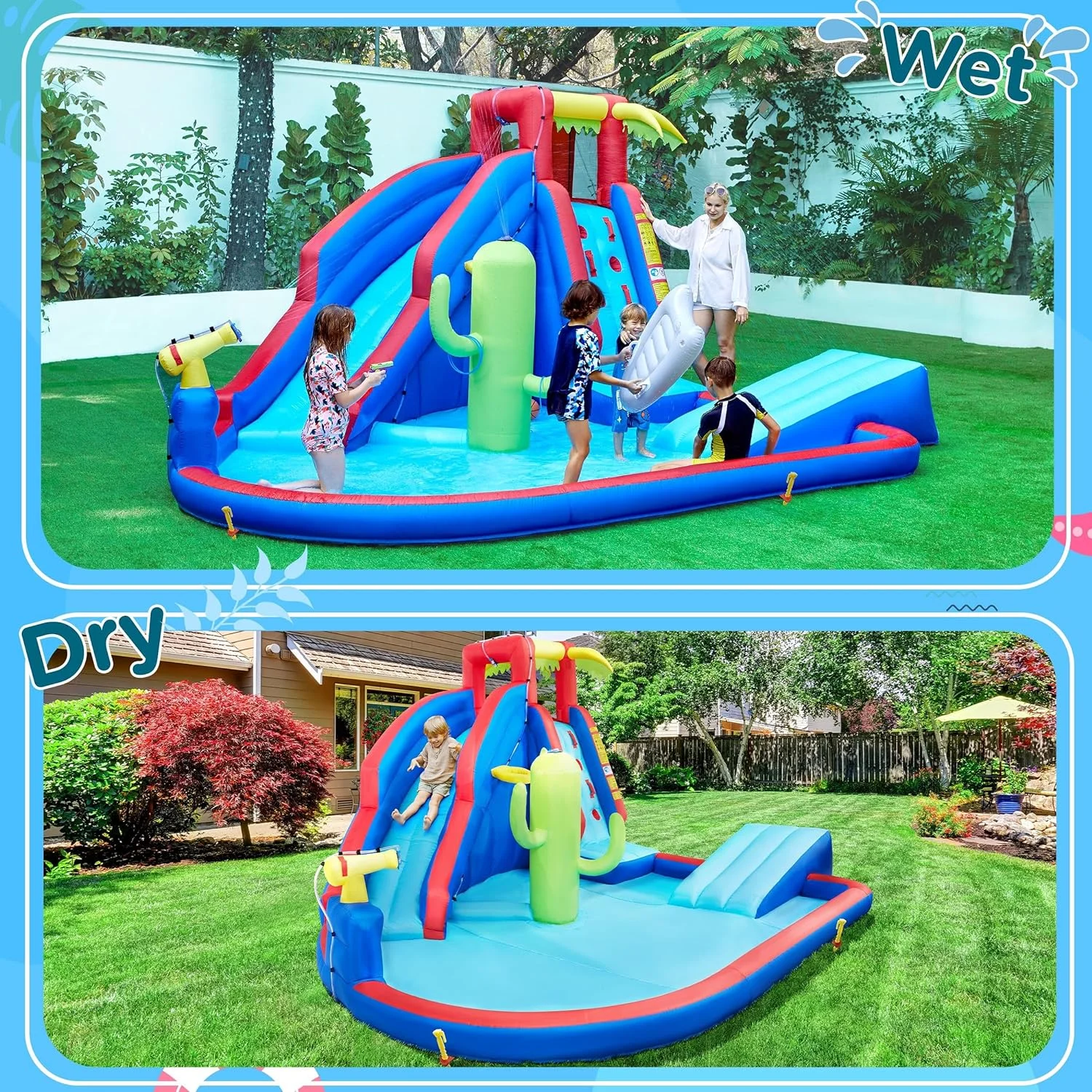 Inflatable Water Slide, Blow Up Water Slide Park Castle for Kids Aged 3-10 w/Splash Pool, Water Cannon, Ring Toss, Basketball, Surfboard and Climbing Wall, Water Slide with 520W Blower