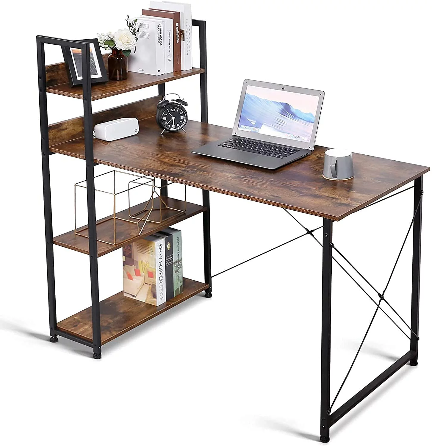 Computer Desk with Storage 4-Tier Shelves, 47'' Home Office Desk with Adjustable Bookshelf