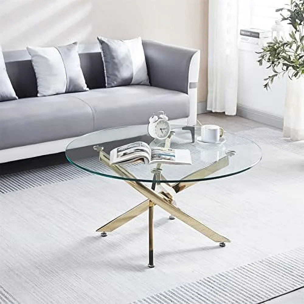 ZFGSUIJN 35Inch Modern Round Coffee Table Tempered Glass Center Table   Gold Stainless Steel Feet with Adjustable Pad  Elegant Glass Tea Table with Clear Glass Top