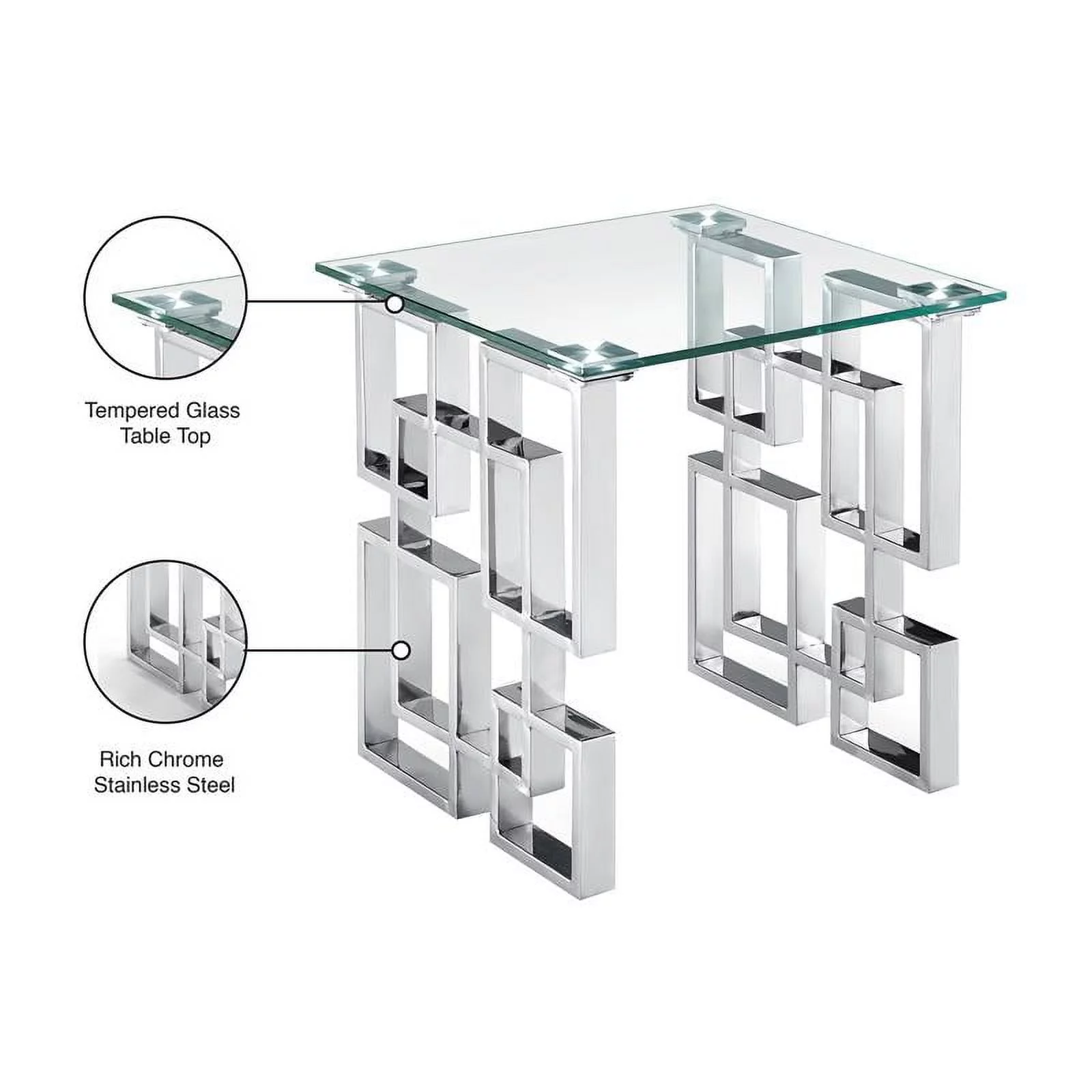 Meridian Furniture Alexis Stainless Steel Glass Top End Table with Chrome Base
