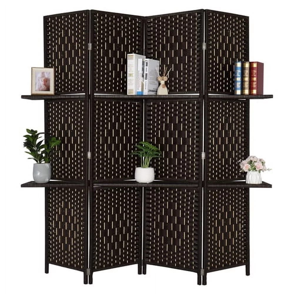 Bonnlo 6ft Tall Rattan Room Divider Folding Privacy Screen with 2 Display Shelves (4 Panels)