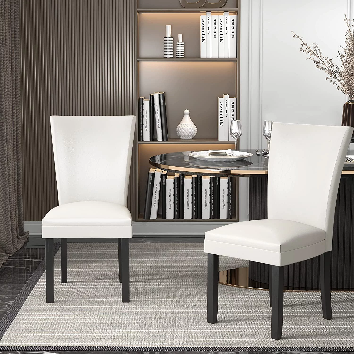 JESONVID Set of 2 Faux Leather Upholstered Parsons Dining Chair with High Backrest, Kitchen Accent Side Chairs with Solid Wood Legs Armless Dining Room Chair, Ivory White 1331WT