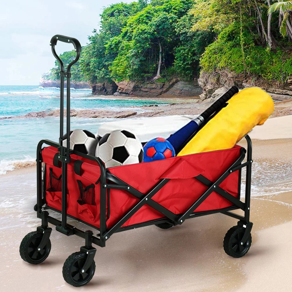 Collapsible Folding Wagon Cart Large Capacity Camping Cart Outdoor Beach Wagon with Universal Wheels and Adjustable Handle, Red