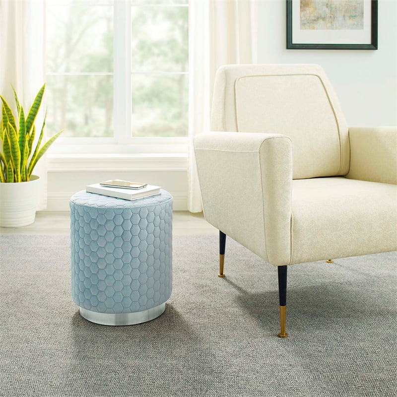 Linon Aiden Round Quilted Fabric Stool with Silver Metal Base in Blue